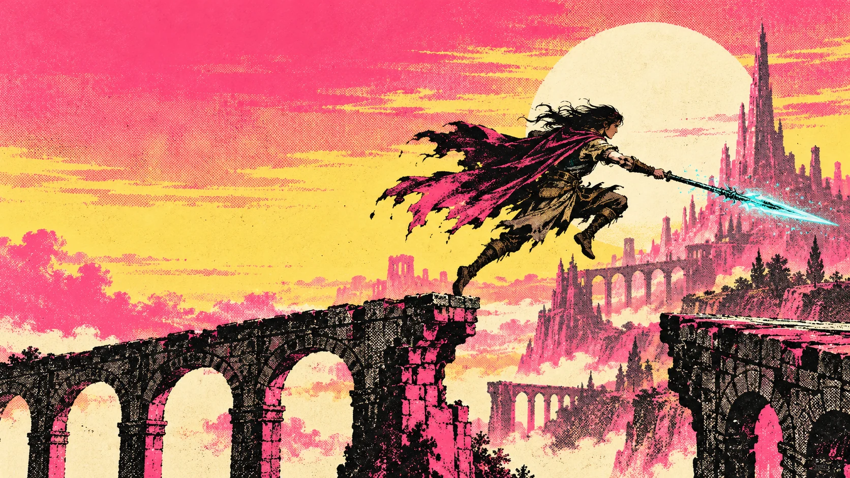 Original print-style illustration of a cloaked figure leaping with a cyan glaive