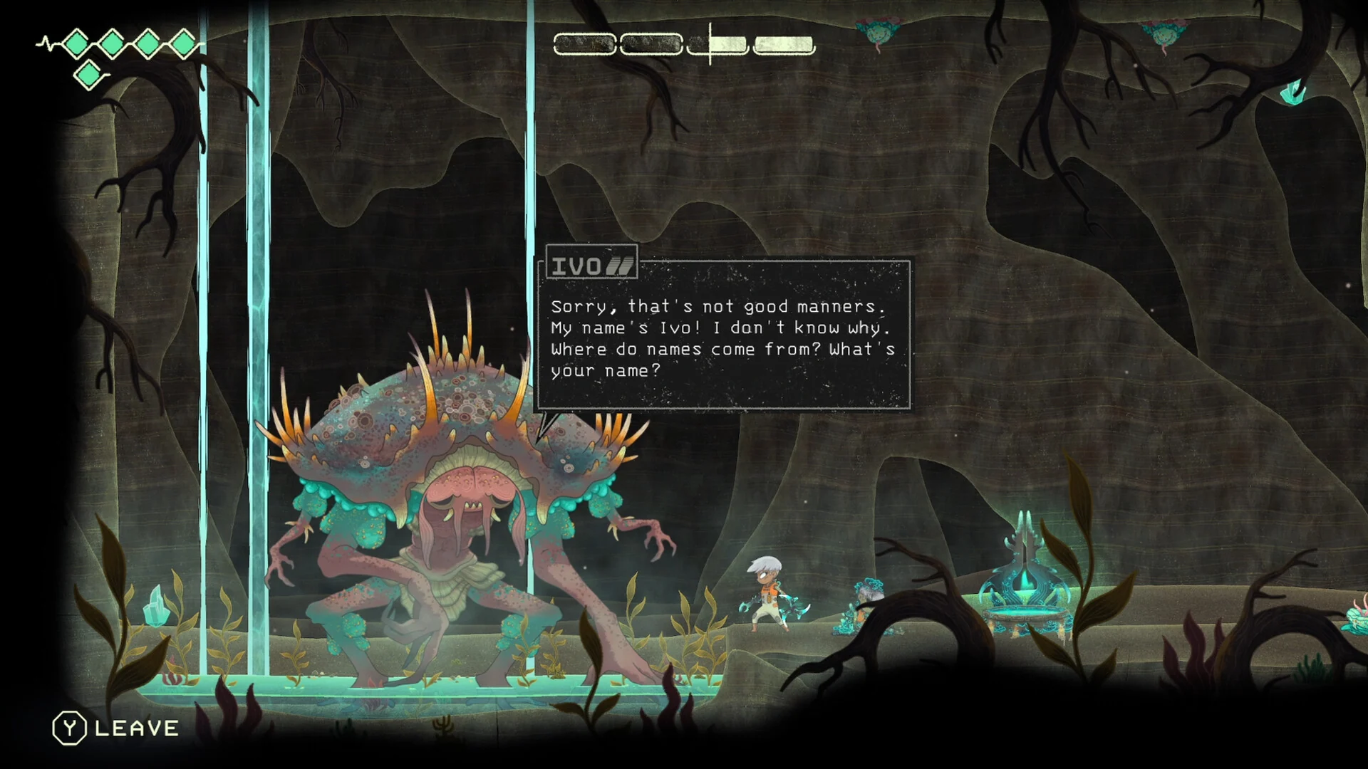 Echo Weaver official screenshot of a vertical climb beside glowing flora